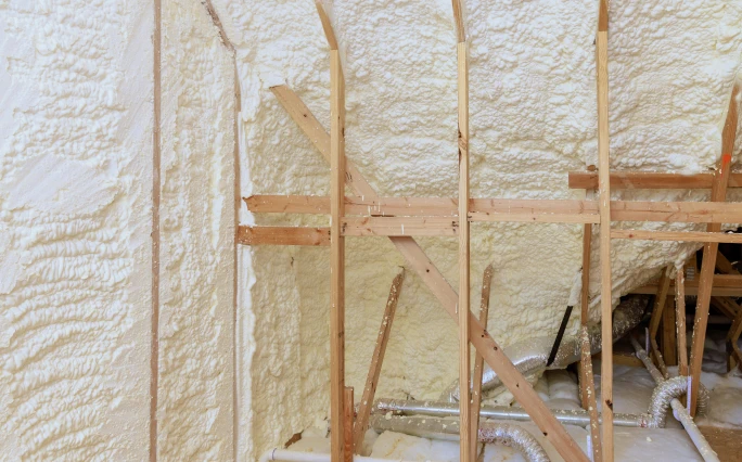 Spray foam product in an attic.